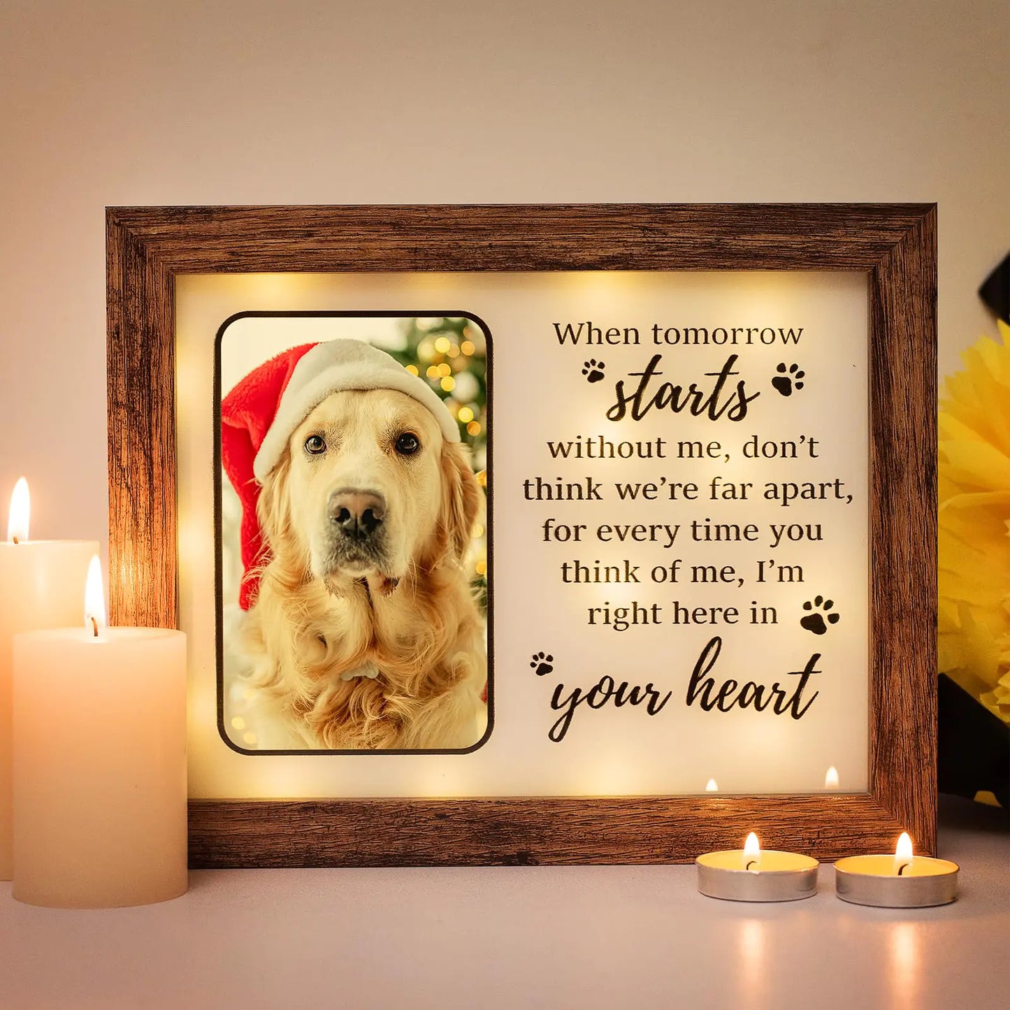 Pet memorial photo frame with a golden retriever in a Santa hat, surrounded by candles, featuring heartfelt message ‘When tomorrow starts without me, I’m right here in your heart’ – remembrance gift for dog lovers